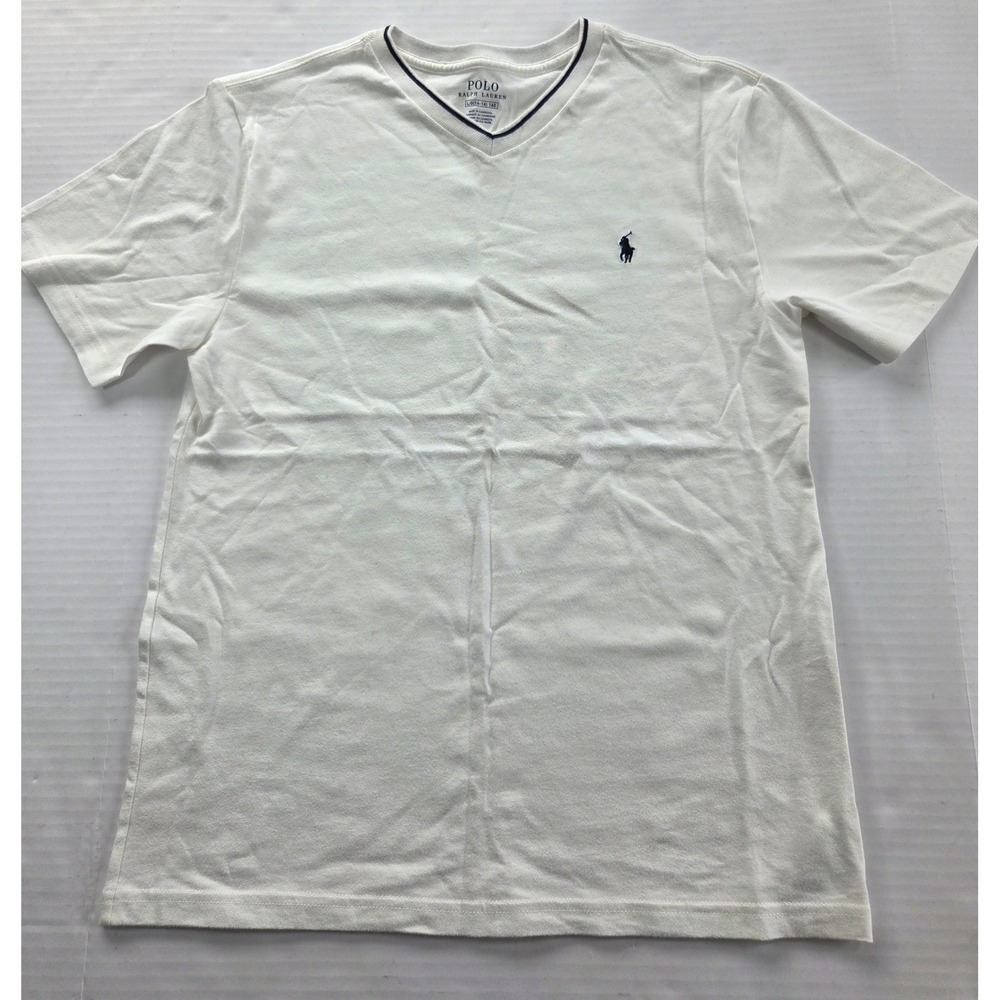 Polo Ralph Lauren Boys White V-Neck T-Shirt Navy Pony Logo Size Large 14-16